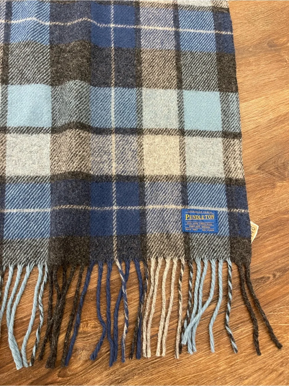 Pendleton Blue Plaid 100% Wool Vintage Fringe Throw Blanket 77X52 Made in USA